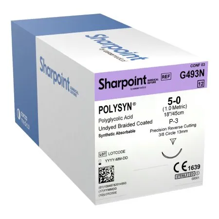 Surgical Specialties - Polysyn - G493n - Absorbable Suture With Needle Polysyn Polyglycolic Acid 3/8 Circle Precision Reverse Cutting Needle Size 5 - 0 Braided