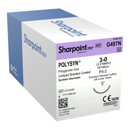 Surgical Specialties - Polysyn - G497n - Absorbable Suture With Needle Polysyn Polyglycolic Acid 3/8 Circle Precision Reverse Cutting Needle Size 3 - 0 Braided