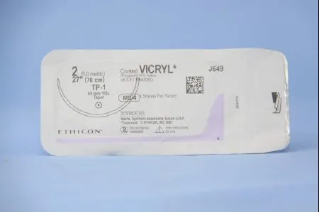 J & J Healthcare Systems - Coated Vicryl - J649g - Absorbable Suture With Needle Coated Vicryl Polyglactin 910 Tp-1 1/2 Circle Taper Point Needle Size 2 Braided